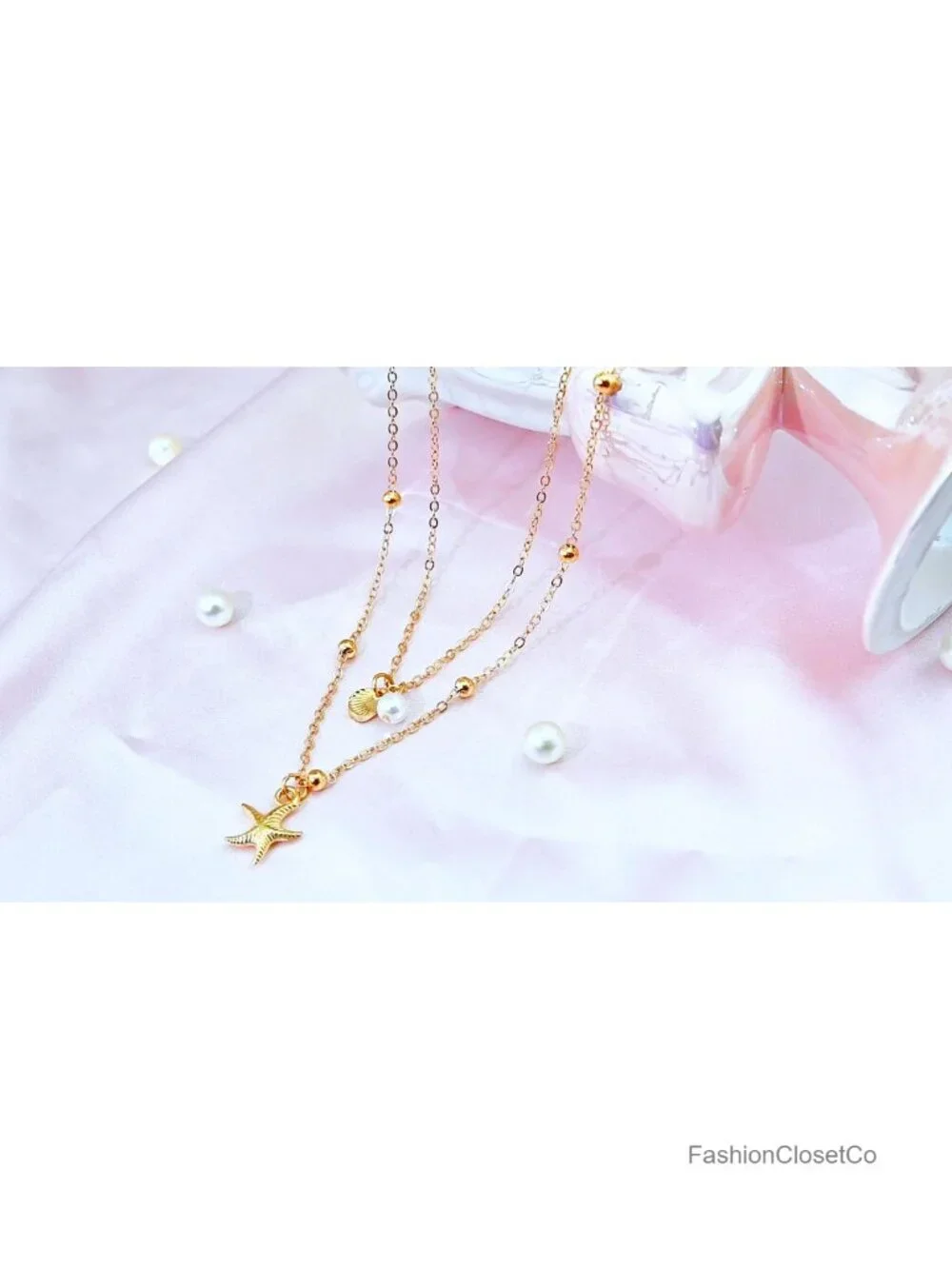 Layered Shell & Starfish Pendant Necklace, Zinc Alloy, Adjustable
